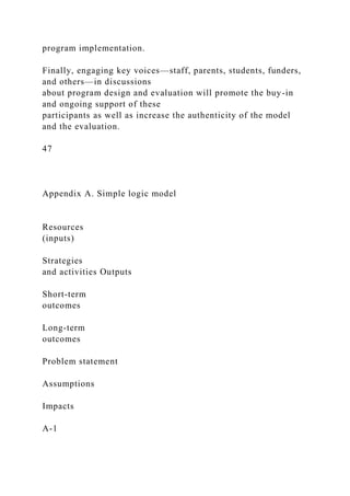 program implementation.
Finally, engaging key voices—staff, parents, students, funders,
and others—in discussions
about program design and evaluation will promote the buy-in
and ongoing support of these
participants as well as increase the authenticity of the model
and the evaluation.
47
Appendix A. Simple logic model
Resources
(inputs)
Strategies
and activities Outputs
Short-term
outcomes
Long-term
outcomes
Problem statement
Assumptions
Impacts
A-1
 