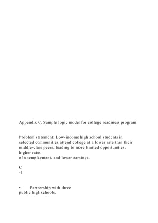 Appendix C. Sample logic model for college readiness program
Problem statement: Low-income high school students in
selected communities attend college at a lower rate than their
middle-class peers, leading to more limited opportunities,
higher rates
of unemployment, and lower earnings.
C
-1
• Partnership with three
public high schools.
 