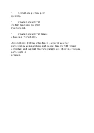 • Recruit and prepare peer
mentors.
• Develop and deliver
student readiness program
(workshops).
• Develop and deliver parent
education (workshops).
Assumptions: College attendance is desired goal for
participating communities; high school leaders will remain
consistent and support program; parents will show interest and
participate in
program.
 