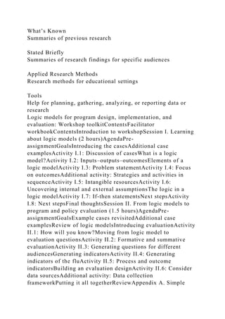 What’s Known
Summaries of previous research
Stated Briefly
Summaries of research findings for specific audiences
Applied Research Methods
Research methods for educational settings
Tools
Help for planning, gathering, analyzing, or reporting data or
research
Logic models for program design, implementation, and
evaluation: Workshop toolkitContentsFacilitator
workbookContentsIntroduction to workshopSession I. Learning
about logic models (2 hours)AgendaPre-
assignmentGoalsIntroducing the casesAdditional case
examplesActivity I.1: Discussion of casesWhat is a logic
model?Activity I.2: Inputs–outputs–outcomesElements of a
logic modelActivity I.3: Problem statementActivity I.4: Focus
on outcomesAdditional activity: Strategies and activities in
sequenceActivity I.5: Intangible resourcesActivity I.6:
Uncovering internal and external assumptionsThe logic in a
logic modelActivity I.7: If-then statementsNext stepsActivity
I.8: Next stepsFinal thoughtsSession II. From logic models to
program and policy evaluation (1.5 hours)AgendaPre-
assignmentGoalsExample cases revisitedAdditional case
examplesReview of logic modelsIntroducing evaluationActivity
II.1: How will you know?Moving from logic model to
evaluation questionsActivity II.2: Formative and summative
evaluationActivity II.3: Generating questions for different
audiencesGenerating indicatorsActivity II.4: Generating
indicators of the fluActivity II.5: Process and outcome
indicatorsBuilding an evaluation designActivity II.6: Consider
data sourcesAdditional activity: Data collection
frameworkPutting it all togetherReviewAppendix A. Simple
 