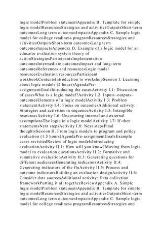 logic modelProblem statementAppendix B. Template for simple
logic modelResourcesStrategies and activitiesOutputsShort-term
outcomesLong term outcomesImpactsAppendix C. Sample logic
model for college readiness programResourcesStrategies and
activitiesOutputsShort-term outcomesLong term
outcomesImpactsAppendix D. Example of a logic model for an
educator evaluation system theory of
actionStrategiesParticipantsImplementation
outcomesIntermediate outcomesImpact and long-term
outcomesReferences and resourcesLogic model
resourcesEvaluation resourcesParticipant
workbookContentsIntroduction to workshopSession I. Learning
about logic models (2 hours)AgendaPre-
assignmentGoalsIntroducing the casesActivity I.1: Discussion
of casesWhat is a logic model?Activity I.2: Inputs–outputs–
outcomesElements of a logic modelActivity I.3: Problem
statementActivity I.4: Focus on outcomesAdditional activity:
Strategies and activities in sequenceActivity I.5: Intangible
resourcesActivity I.6: Uncovering internal and external
assumptionsThe logic in a logic modelActivity I.7: If-then
statementsNext stepsActivity I.8: Next stepsFinal
thoughtsSession II. From logic models to program and policy
evaluation (1.5 hours)AgendaPre-assignmentGoalsExample
cases revisitedReview of logic modelsIntroducing
evaluationActivity II.1: How will you know?Moving from logic
model to evaluation questionsActivity II.2: Formative and
summative evaluationActivity II.3: Generating questions for
different audiencesGenerating indicatorsActivity II.4:
Generating indicators of the fluActivity II.5: Process and
outcome indicatorsBuilding an evaluation designActivity II.6:
Consider data sourcesAdditional activity: Data collection
frameworkPutting it all togetherReviewAppendix A. Simple
logic modelProblem statementAppendix B. Template for simple
logic modelResourcesStrategies and activitiesOutputsShort-term
outcomesLong term outcomesImpactsAppendix C. Sample logic
model for college readiness programResourcesStrategies and
 