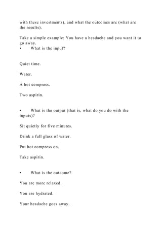 with these investments), and what the outcomes are (what are
the results).
Take a simple example: You have a headache and you want it to
go away.
• What is the input?
Quiet time.
Water.
A hot compress.
Two aspirin.
• What is the output (that is, what do you do with the
inputs)?
Sit quietly for five minutes.
Drink a full glass of water.
Put hot compress on.
Take aspirin.
• What is the outcome?
You are more relaxed.
You are hydrated.
Your headache goes away.
 