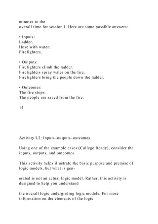 minutes to the
overall time for session I. Here are some possible answers:
• Inputs:
Ladder.
Hose with water.
Firefighters.
• Outputs:
Firefighters climb the ladder.
Firefighters spray water on the fire.
Firefighters bring the people down the ladder.
• Outcomes:
The fire stops.
The people are saved from the fire.
14
Activity I.2: Inputs–outputs–outcomes
Using one of the example cases (College Ready), consider the
inputs, outputs, and outcomes.
This activity helps illustrate the basic purpose and premise of
logic models, but what is gen-
erated is not an actual logic model. Rather, this activity is
designed to help you understand
the overall logic undergirding logic models. For more
information on the elements of the logic
 