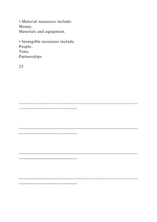 • Material resources include:
Money.
Materials and equipment.
• Intangible resources include:
People.
Time.
Partnerships.
23
_____________________________________________________
__________________________
_____________________________________________________
__________________________
_____________________________________________________
__________________________
_____________________________________________________
__________________________
 