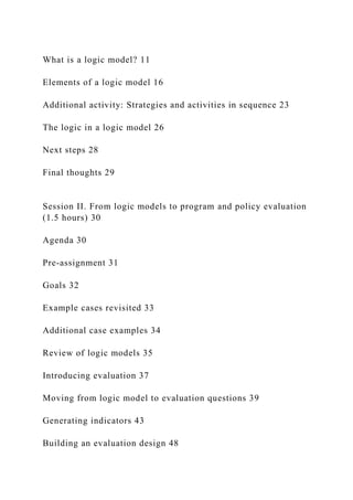 What is a logic model? 11
Elements of a logic model 16
Additional activity: Strategies and activities in sequence 23
The logic in a logic model 26
Next steps 28
Final thoughts 29
Session II. From logic models to program and policy evaluation
(1.5 hours) 30
Agenda 30
Pre-assignment 31
Goals 32
Example cases revisited 33
Additional case examples 34
Review of logic models 35
Introducing evaluation 37
Moving from logic model to evaluation questions 39
Generating indicators 43
Building an evaluation design 48
 