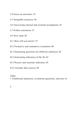 I.4 Focus on outcomes 19
I.5 Intangible resources 24
I.6 Uncovering internal and external assumptions 25
I.7 If-then statements 27
I.8 Next steps 28
II.1 How will you know? 37
II.2 Formative and summative evaluation 40
II.3 Generating questions for different audiences 42
II.4 Generating indicators of the flu 43
II.5 Process and outcome indicators 45
II.6 Consider data sources 49
Table
1 Traditional audiences, evaluation questions, and uses 41
2
 