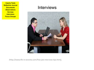(http://www.life-in-toronto.com/free-job-interview-tips.html)
Interviews
Inquiry Tools
Reflective Journal
Documents
Observations
Surveys
Interviews
Focus Groups
 