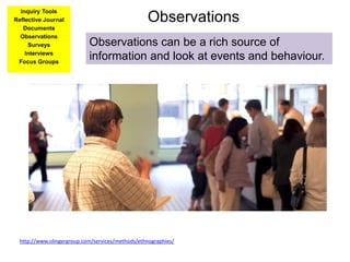Observations
Observations can be a rich source of
information and look at events and behaviour.
http://www.olingergroup.com/services/methods/ethnographies/
Inquiry Tools
Reflective Journal
Documents
Observations
Surveys
Interviews
Focus Groups
 