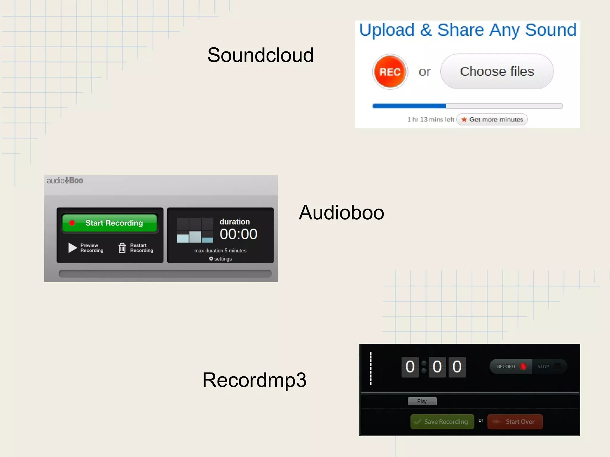 Soundcloud
Audioboo
Recordmp3
 