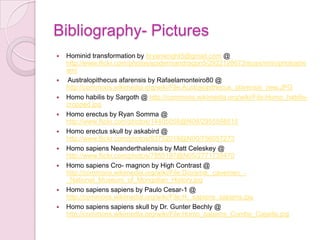 Bibliography- PicturesHominid transformation by bryanwright5@gmail.com @ http://www.flickr.com/photos/spidermandragon5/2922128673/sizes/m/in/photostream/ Australopithecus afarensis by Rafaelamonteiro80 @ http://commons.wikimedia.org/wiki/File:Australopithecus_afarensis_new.JPGHomo habilis by Sargoth @ http://commons.wikimedia.org/wiki/File:Homo_habilis-cropped.jpgHomo erectus by Ryan Somma @ http://www.flickr.com/photos/14405058@N08/2955598515Homo erectus skull by askabird @ http://www.flickr.com/photos/93752018@N00/756057273Homo sapiens Neanderthalensis by Matt Celeskey @ http://www.flickr.com/photos/7855197@N05/2771735470Homo sapiens Cro- magnon by High Contrast @ http://commons.wikimedia.org/wiki/File:Diorama,_cavemen_-_National_Museum_of_Mongolian_History.jpgHomo sapiens sapiens by Paulo Cesar-1 @ http://commons.wikimedia.org/wiki/File:H._sapiens_sapiens.jpgHomo sapiens sapiens skull by Dr. Gunter Bechly @ http://commons.wikimedia.org/wiki/File:Homo_sapiens_Combe_Capelle.jpg
