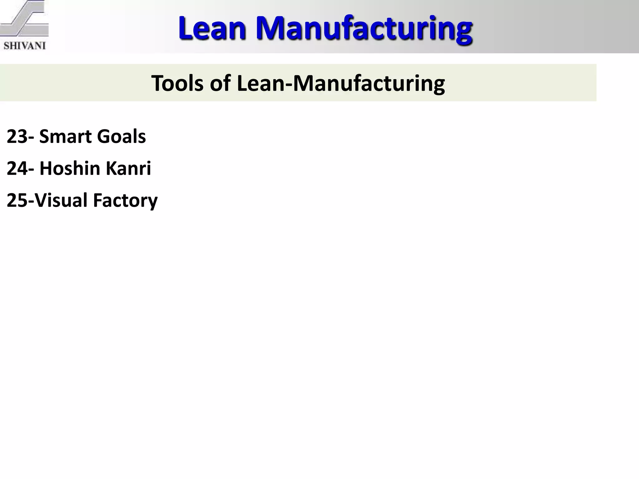 Lean Manufacturing
Tools of Lean-Manufacturing
23- Smart Goals
24- Hoshin Kanri
25-Visual Factory
 