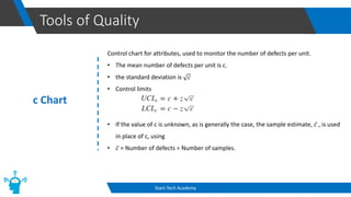 Tools of Quality
Start-Tech Academy
c Chart
Control chart for attributes, used to monitor the number of defects per unit.
• The mean number of defects per unit is c.
• the standard deviation is 𝑐
• Control limits
• If the value of c is unknown, as is generally the case, the sample estimate, ҧ
𝑐 , is used
in place of c, using
• ҧ
𝑐 = Number of defects ÷ Number of samples.
 