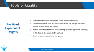 Tools of Quality
Start-Tech Academy
Red Bead
Experiment
Insights
1. All workers perform within a system that is beyond their control.
2. There will always be some workers that are above the average and some
workers that are below the average.
3. Workers should not be ranked because doing so merely represents a ranking
of the effect of the system on the workers.
4. Only management can change the system.
 