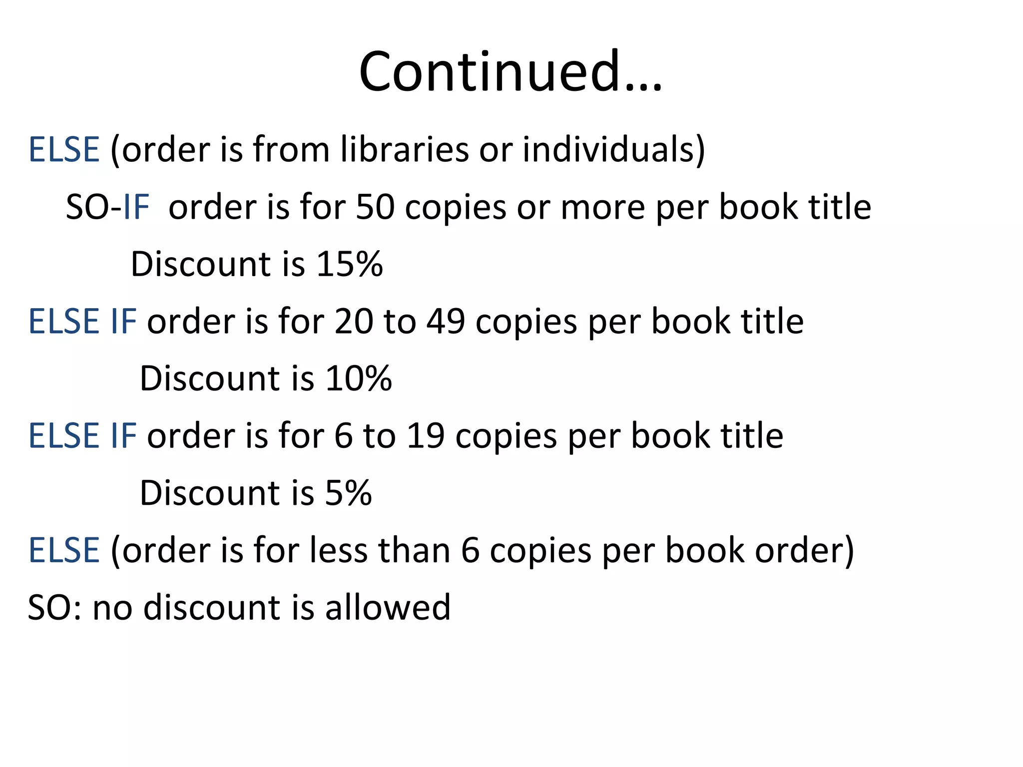 Continued…
ELSE (order is from libraries or individuals)
SO-IF order is for 50 copies or more per book title
Discount is 15%
ELSE IF order is for 20 to 49 copies per book title
Discount is 10%
ELSE IF order is for 6 to 19 copies per book title
Discount is 5%
ELSE (order is for less than 6 copies per book order)
SO: no discount is allowed
 