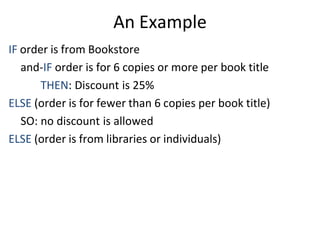 An Example
IF order is from Bookstore
and-IF order is for 6 copies or more per book title
THEN: Discount is 25%
ELSE (order is for fewer than 6 copies per book title)
SO: no discount is allowed
ELSE (order is from libraries or individuals)
 