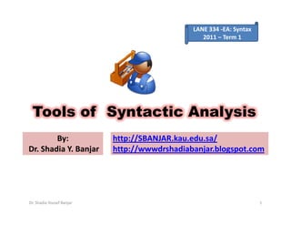 LANE 334 -EA: Syntax
                                                 2011 – Term 1




 Tools of Syntactic Analysis
        By:                http://SBANJAR.kau.edu.sa/
Dr. Shadia Y. Banjar       http://wwwdrshadiabanjar.blogspot.com




Dr. Shadia Yousef Banjar                                             1
 