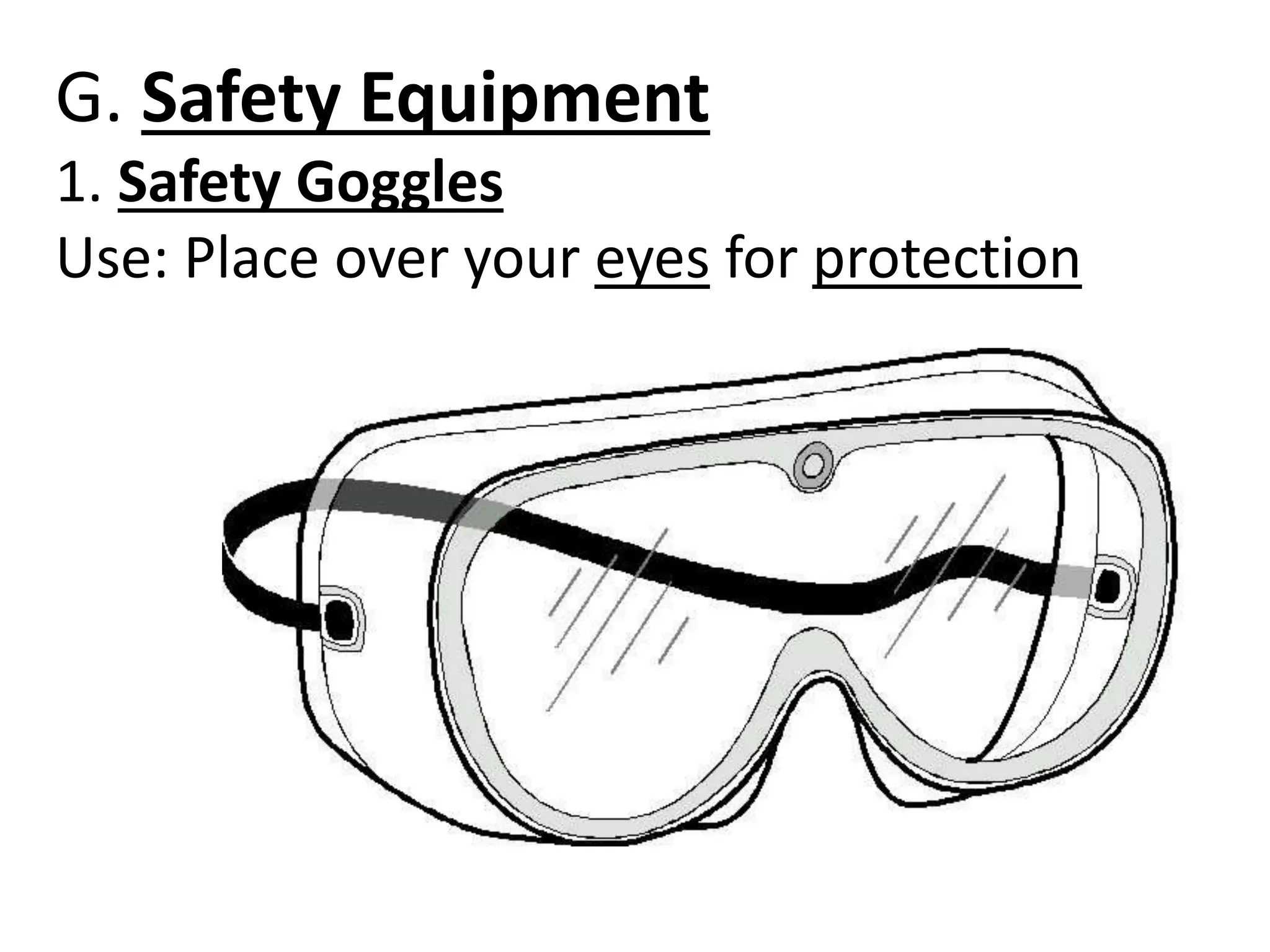 G. Safety Equipment
1. Safety Goggles
Use: Place over your eyes for protection
 