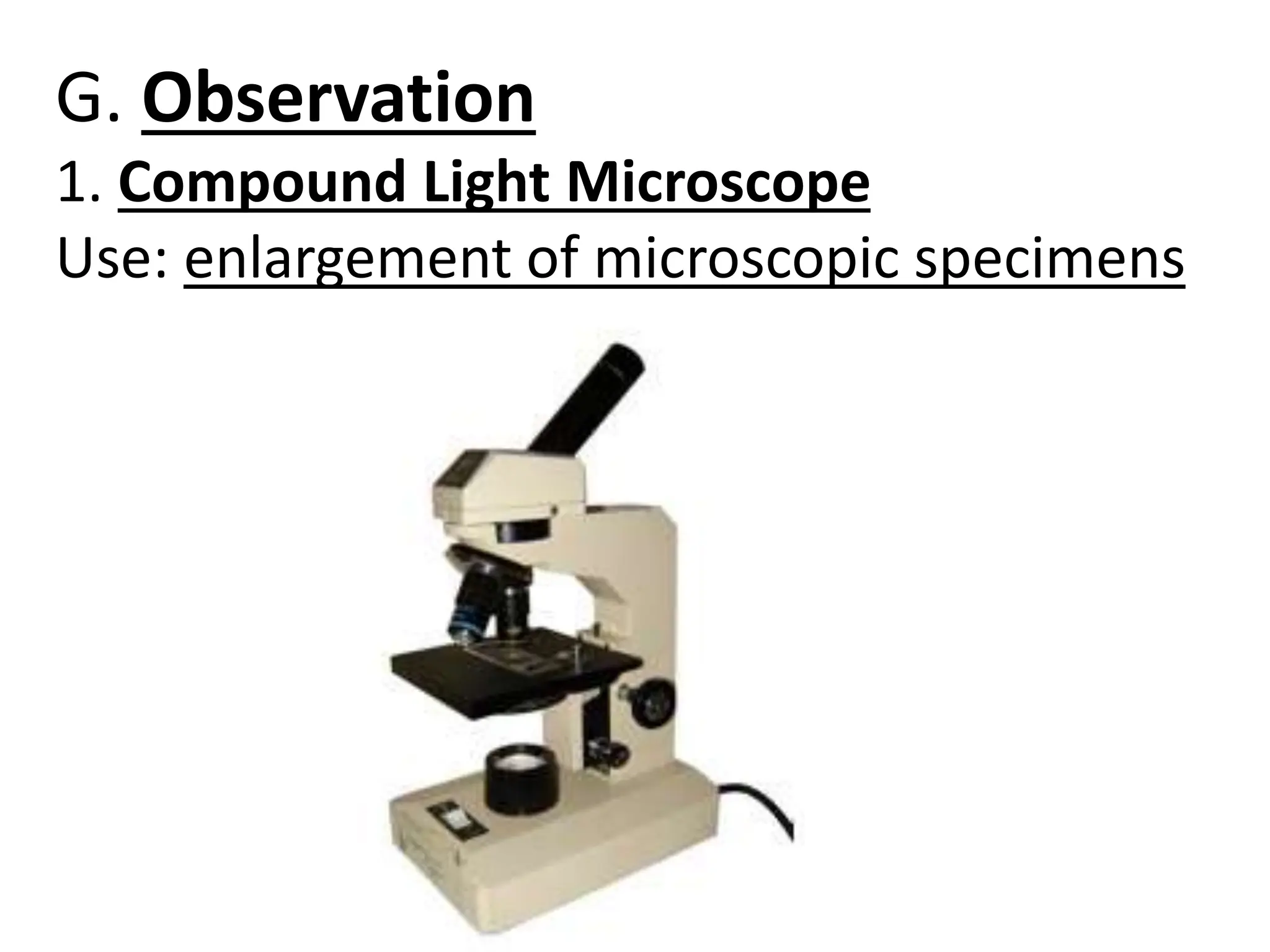 G. Observation
1. Compound Light Microscope
Use: enlargement of microscopic specimens
 