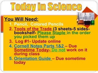 ll
You Will Need:
  1. Pencil, Colored Pencils
  2. Tools of the Trade (3 sheets-5 sides-
     bookshelf- Please Staple in the order
     you picked them up
  3. Log #1- Update online
  4. Cornell Notes Parts 1&2 – Due
     Sometime Today- Do not work on it
     during class
  5. Orientation Guide – Due sometime
     today
 