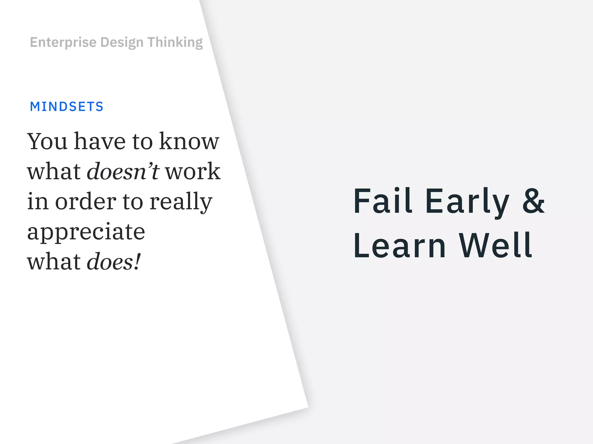 Fail Early &
Learn Well
Enterprise Design Thinking
MINDSETS
You have to know
what doesn’t work
in order to really
appreciate
what does!
 