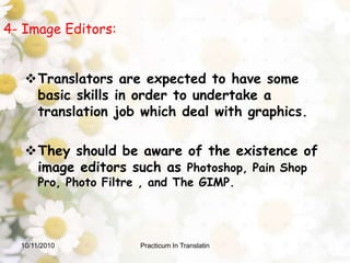 b) Search Engines Translators frequently need to research topics to overcome their lack of knowledge in a specific field through search engines like Google or AltaVista .