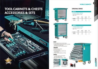 MOBILE CABINETS
BODY
● Curve shaped corner to prevent injury.
● Double-decker enforced construction to increase
toughness of the rigid frame.
● Non-Slip top mat for worktop protection.
DRAWER
● Interlock secure system.
● Firm front handle.
● Full-extension drawer with EVA mat
base protection.
● Drawer loading capacity up to 40kg.
WHEEL
● Two fixed, and two swivel wheels
with anti-rotation brake.
● Max. static loading capacity : 550kg
TOOLCABINETS & CHESTS
ACCESSORIES & SETS
5x2" PP high-performance
roller bearing casters.
High strength ball bearing
slides: for extended service
life.
ORIGINAL SERIES
860459687
75375580
154
5
2375580
Length
mm
Width
mm
Height
mm
QTY
CABINET
DRAWER
• Drawer loading capacity up to 40kg.
: 64.5 kg
7 Drawers Mobile Cabinet
A03-7
100%
A03-5
5 Drawers Mobile Cabinet
705459687
75375580
154
3
2375580
Length
mm
Width
mm
Height
mm
QTY
CABINET
DRAWER
• Drawer loading capacity up to 40kg.
: 50.4kg
04
05
1
 