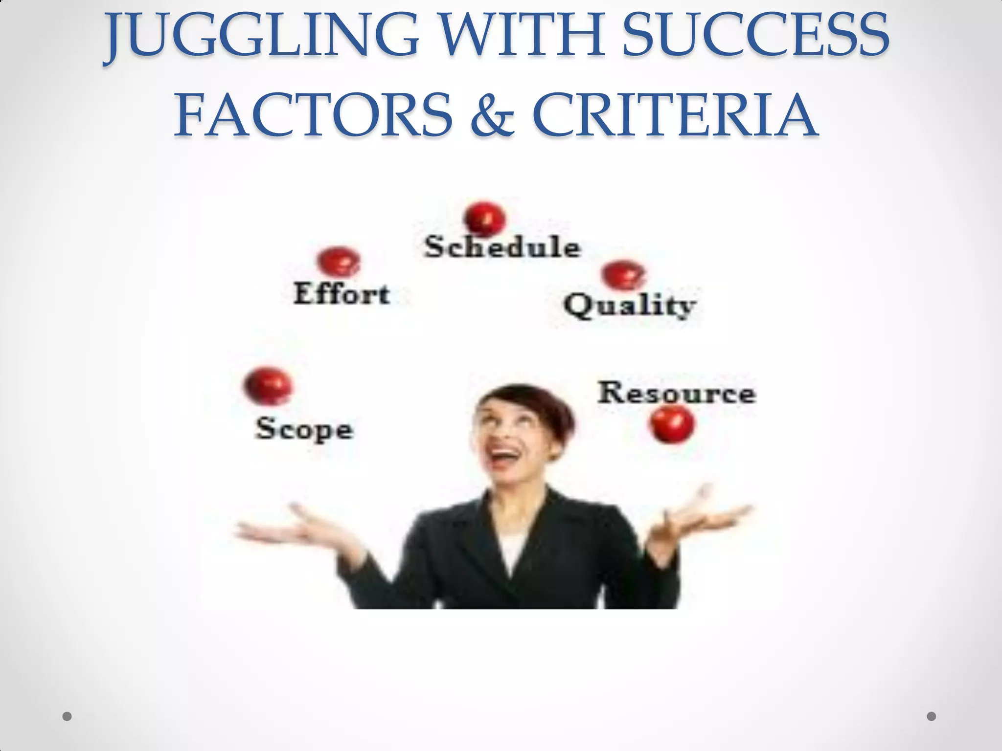 JUGGLING WITH SUCCESS
  FACTORS & CRITERIA
 