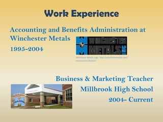 Work Experience
Accounting and Benefits Administration at
Winchester Metals
1995-2004
Winchester Metals Logo http://winchestermetals.com/
retrieved 07/28/2013
Business & Marketing Teacher
Millbrook High School
2004- Current
 