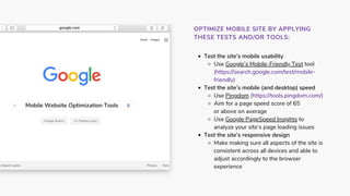 Test the site’s mobile usability
Use Google’s Mobile-Friendly Test tool
(https://search.google.com/test/mobile-
friendly)
...