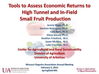 Tools to Assess Economic Returns to
High Tunnel and In-Field
Small Fruit Production
Jennie Popp, Ph.D.
Germán Rodríguez, Ph.D.
Curt Rom, Ph.D.
Elena Garcia, Ph.D.
Heather Friedrich, M.S.
Jason McAfee, M.S.
Luke Freeman, M.S.
Missouri Organics Association Annual Meeting
February 5, 2015
Springfield MO
Center for Agricultural and Rural Sustainability
Division of Agriculture
University of Arkansas
 