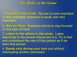 The Rules of the GameThe Rules of the Game
1. Equality In the circle.Equality In the circle. No one is more important
or less important; everyone is equal, and very
important.
2. Stay on TopicStay on Topic. Everyone strives to stay focused
on the topic at hand.
3. Listen to the others in the circleListen to the others in the circle. Listen
attentively to the person whose turn it is. Try to feel
and understand the view of that person as if we
were that person.
4. Speak only during your turnSpeak only during your turn and without
interrupting another participant.
 
