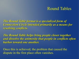 Round Tables
The Round Table format is a specialized form ofThe Round Table format is a specialized form of
Connection Circle intended primarily as a means forConnection Circle intended primarily as a means for
resolving conflicts.resolving conflicts.
The Round Table helps bring people closer togetherThe Round Table helps bring people closer together
and dissolve the animosity that people in conflicts oftenand dissolve the animosity that people in conflicts often
harbor toward one another.harbor toward one another.
Once this is achieved, the problem that caused the
dispute in the first place often vanishes.
 