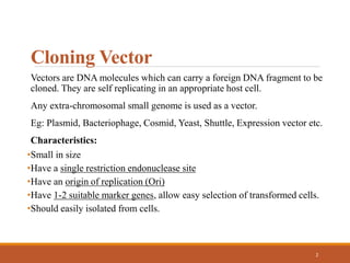 Cloning Vector
Vectors are DNA molecules which can carry a foreign DNA fragment to be
cloned. They are self replicating in an appropriate host cell.
Any extra-chromosomal small genome is used as a vector.
Eg: Plasmid, Bacteriophage, Cosmid, Yeast, Shuttle, Expression vector etc.
Characteristics:
•Small in size
•Have a single restriction endonuclease site
•Have an origin of replication (Ori)
•Have 1-2 suitable marker genes, allow easy selection of transformed cells.
•Should easily isolated from cells.
2
 
