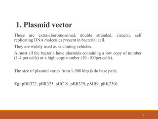 1. Plasmid vector
These are extra-choromosomal, double stranded, circular, self
replicating DNA molecules present in bacterial cell.
They are widely used as as cloning vehicles.
Almost all the bacteria have plasmids containing a low copy of number
(1-4 per cells) or a high copy number (10 -100per cells).
The size of plasmid varies from 1-500 kbp (kilo base pair).
Eg: pBR322, pBR325, pUC19, pBR329, pMB9, pRK2501
3
 