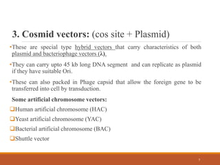 3. Cosmid vectors: (cos site + Plasmid)
•These are special type hybrid vectors that carry characteristics of both
plasmid and bacteriophage vectors (λ).
•They can carry upto 45 kb long DNA segment and can replicate as plasmid
if they have suitable Ori.
•These can also packed in Phage capsid that allow the foreign gene to be
transferred into cell by transduction.
Some artificial chromosome vectors:
Human artificial chromosome (HAC)
Yeast artificial chromosome (YAC)
Bacterial artificial chromosome (BAC)
Shuttle vector
7
 