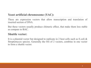 Yeast artificial chromosome (YAC):
These are expression vectors that allow transcription and translation of
inserted section of DNA.
But these vectors usually produce chimeric effect, that make them less stable
as compare to BAC.
Shuttle vector:
It is a plasmid vector but designed to replicate in 2 host cells such as E.coli &
Streptomyces species. Generally the Ori of 2 vectors, combine in one vector
to form a shuttle vector.
8
 
