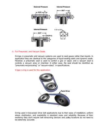iii. For Pneumatic and Vacuum Seals
O-rings in pneumatic and vacuum systems are used to seal gases rather than liquids. In
application they are identical to the categories of liquid-sealing static and dynamic seals.
However, a pneumatic seal is used to control a gas or vapor, and a vacuum seal is
controls a vacuum area or chamber. In either case, the seal should be identified as
"pneumatic-reciprocating" or "vacuum-rotary" in specifications.
V-type o-ring is used for this application:
O-ring used in low-power drive belt applications due to their ease of installation, uniform
stress distribution, and availability in standard sizes and reliability. Because of their
resiliency they don't require belt tensioning devices and pulley locations do not need to
be extremely accurate.
 