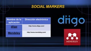 SOCIAL MARKERS
Nombre de la
aplicación
Dirección electrónica
diigo http://www.diigo.com/
Mendeley http://www.mendeley.com/
 