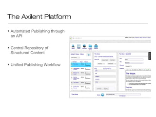 The Axilent Platform

• Automated Publishing through
  an API


• Central Repository of
  Structured Content


• Unified Publishing Workflow
 