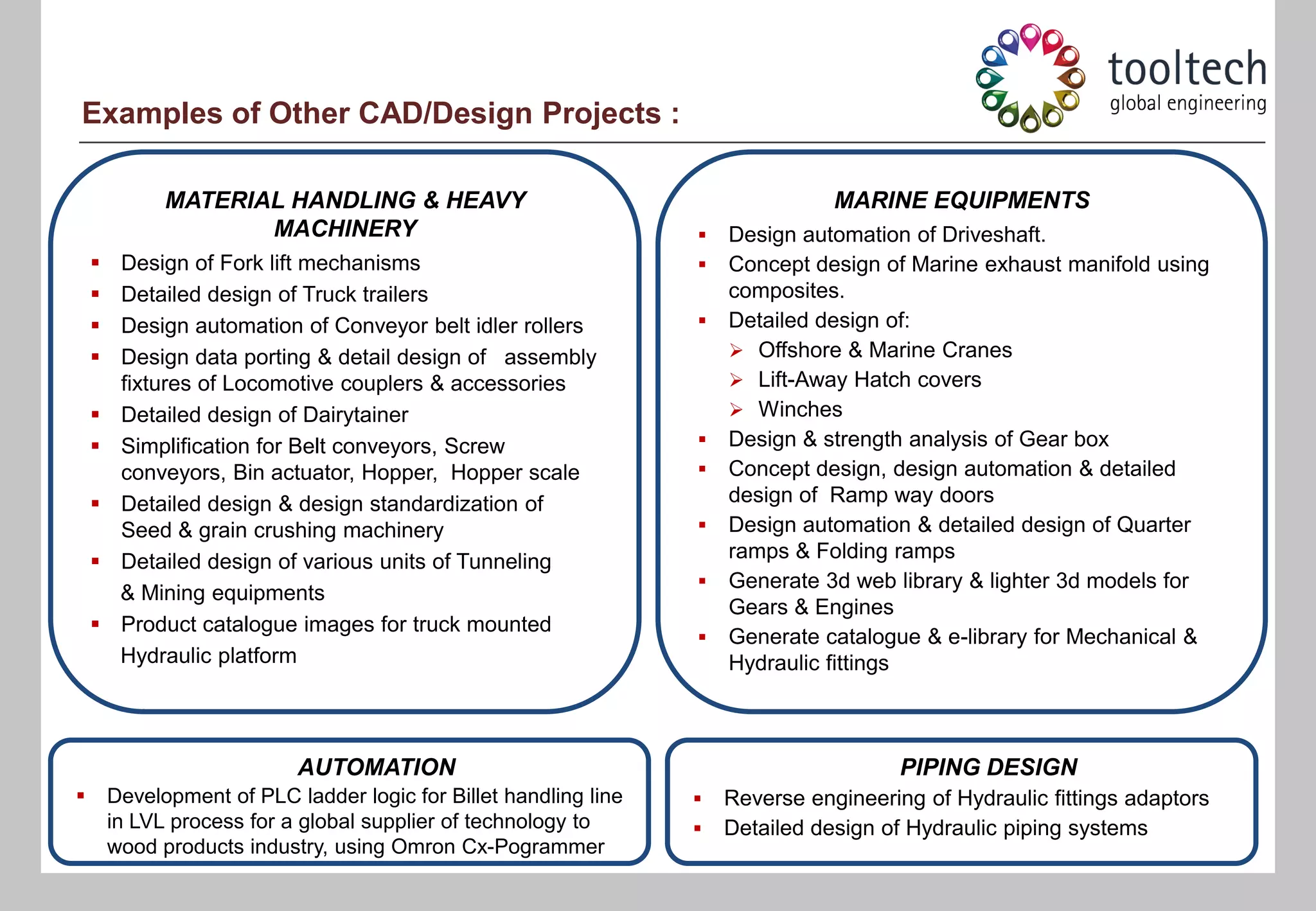 Examples of Other CAD/Design Projects :

              MATERIAL HANDLING & HEAVY                                           MARINE EQUIPMENTS
                     MACHINERY                                        Design automation of Driveshaft.
        Design of Fork lift mechanisms                               Concept design of Marine exhaust manifold using
        Detailed design of Truck trailers                             composites.
        Design automation of Conveyor belt idler rollers             Detailed design of:
        Design data porting & detail design of assembly                Offshore & Marine Cranes
         fixtures of Locomotive couplers & accessories                  Lift-Away Hatch covers
        Detailed design of Dairytainer                                 Winches
        Simplification for Belt conveyors, Screw                     Design & strength analysis of Gear box
         conveyors, Bin actuator, Hopper, Hopper scale                Concept design, design automation & detailed
        Detailed design & design standardization of                   design of Ramp way doors
         Seed & grain crushing machinery                              Design automation & detailed design of Quarter
        Detailed design of various units of Tunneling                 ramps & Folding ramps
                                                                      Generate 3d web library & lighter 3d models for
         & Mining equipments
                                                                       Gears & Engines
        Product catalogue images for truck mounted
                                                                      Generate catalogue & e-library for Mechanical &
         Hydraulic platform                                            Hydraulic fittings



                            AUTOMATION                                                   PIPING DESIGN
       Development of PLC ladder logic for Billet handling line      Reverse engineering of Hydraulic fittings adaptors
        in LVL process for a global supplier of technology to         Detailed design of Hydraulic piping systems
        wood products industry, using Omron Cx-Pogrammer
 