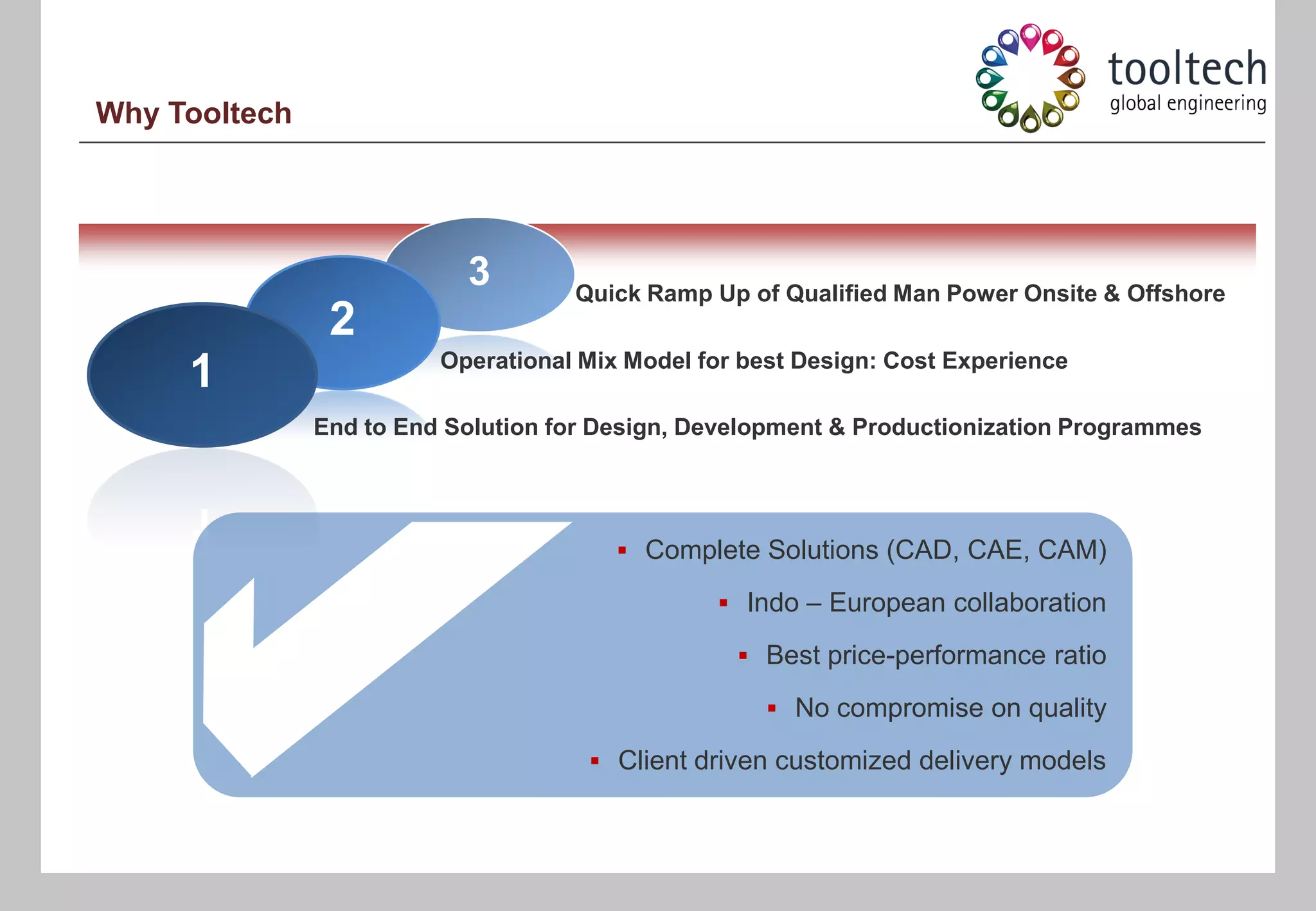 Why Tooltech




                           3        Quick Ramp Up of Qualified Man Power Onsite & Offshore
                2
                         Operational Mix Model for best Design: Cost Experience
     1
               End to End Solution for Design, Development & Productionization Programmes




                                         Complete Solutions (CAD, CAE, CAM)

                                                 Indo – European collaboration

                                                   Best price-performance ratio

                                                      No compromise on quality

                                      Client driven customized delivery models
 