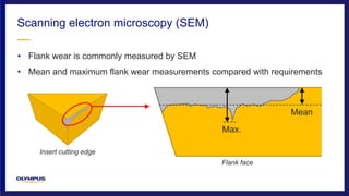 • Flank wear is commonly measured by SEM
• Mean and maximum flank wear measurements compared with requirements
Scanning electron microscopy (SEM)
Insert cutting edge
Flank face
Max.
Mean
 