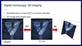 • Extended focus image (EFI) of uneven samples
• 3D image with height data
Digital microscopy: 3D imaging
3DEFI
2D image
 