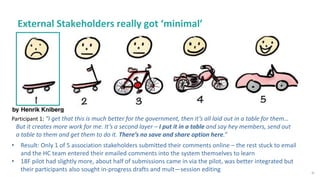 22
External Stakeholders really got ‘minimal’
• Result: Only 1 of 5 association stakeholders submitted their comments onli...
