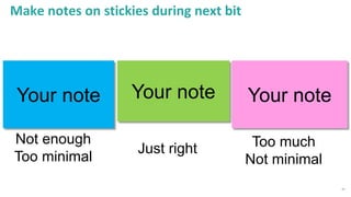 23
Make notes on stickies during next bit
Not enough
Too minimal
Just right Too much
Not minimal
Your noteYour noteYour no...