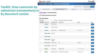 30
Toolkit: View comments by
submission (commentary) or
by document section
 