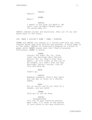 CONTINUED: 5.
DANIEL
Damnit!
GEMMA
What?!
DANIEL
I meant to buy wine for Mark’s. We
can’t turn up empty handed again.
I’m going back in.
DANIEL removes blazer and balaclava. Gets out of car and
walks back to the store.
INT. MARK & LOUISE’S HOME - SAME - EVENING
GEMMA and DANIEL are seated in a living room with two other
couples among open wine bottles and glasses. A board game is
on the table. DANIEL is frantically drawing on a piece of
paper while GEMMA stands over him. They’re playing
Pictionary. GEMMA is drunk.
GEMMA
Church! The Pope! Oh, oh...True
love! Gay marriage! Neil Patrick
Harris! Oh, no, what’s that show
again...ah it’s right on the tip of
my tongue, too! How’s that not gay
marriage, Daniel? Louise, look at
this and help me.
MARK
Time’s up.
DANIEL
Wedding Crashers. That’s why there
are two men in front of a church,
Gemma.
MARK
For an artist you’re not much of a
drawer, are you mate?
GEMMA
Told you to let me draw.
DANIEL
(exasperated)
It’s one of your favorite movies!
Next time, I’ll draw in the bottom
of your glass so you pay attention.
(CONTINUED)
 
