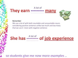 A lot of 
Remember 
We use a lot of with both countable and uncountable nouns 
considering positive sentence unlike too much and too many 
that we use it more with negative sentence 
A lot of 
 