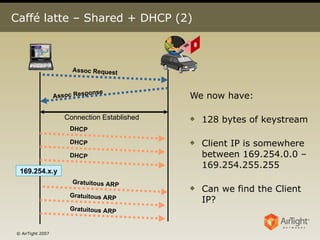 Caffé latte – Shared + DHCP (2) We now have: 128 bytes of keystream Client IP is somewhere between 169.254.0.0 – 169.254.255.255 Can we find the Client IP? 169.254.x.y Connection Established Assoc Request Assoc Response DHCP  DHCP DHCP Gratuitous ARP Gratuitous ARP Gratuitous ARP 