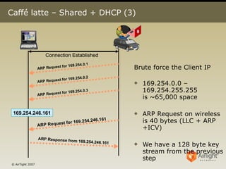 Caffé latte – Shared + DHCP (3) Brute force the Client IP 169.254.0.0 – 169.254.255.255 is ~65,000 space ARP Request on wireless is 40 bytes (LLC + ARP +ICV) We have a 128 byte key stream from the previous step  169.254.246.161 Connection Established ARP Request for 169.254.0.1 ARP Request for 169.254.0.2 ARP Request for 169.254.0.3 ARP Request for 169.254.246.161 ARP Response from 169.254.246.161 